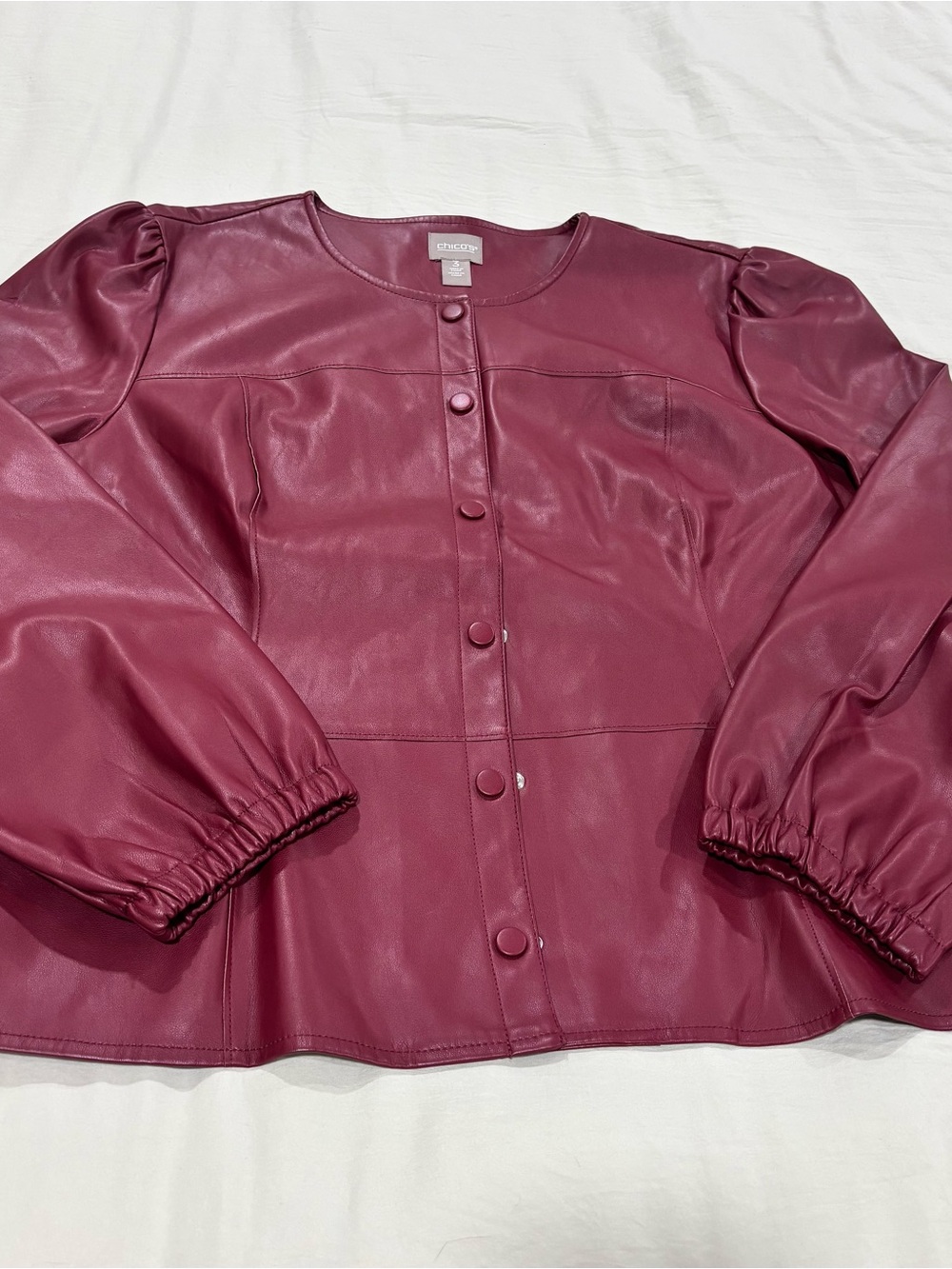 Chico’s Size 3 Deep Berry Faux Leather Snap Front Jacket